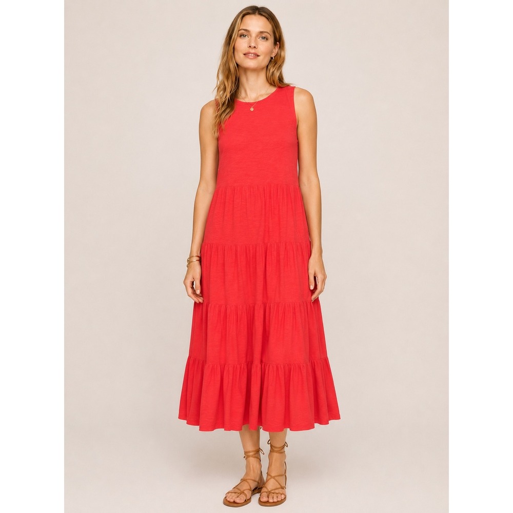 Chicos Womens Tiered Maxi Dress 3 16 XL Boho Sleeveless Red Slub Knit Cotton